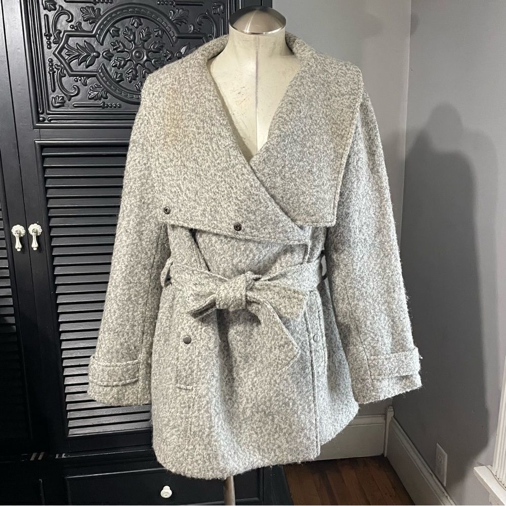 Mo-Ka Wool Wrap Belted Shawl Funnel Neck Draped Cropped Trench Coat Women’s L - Picture 4 of 8
